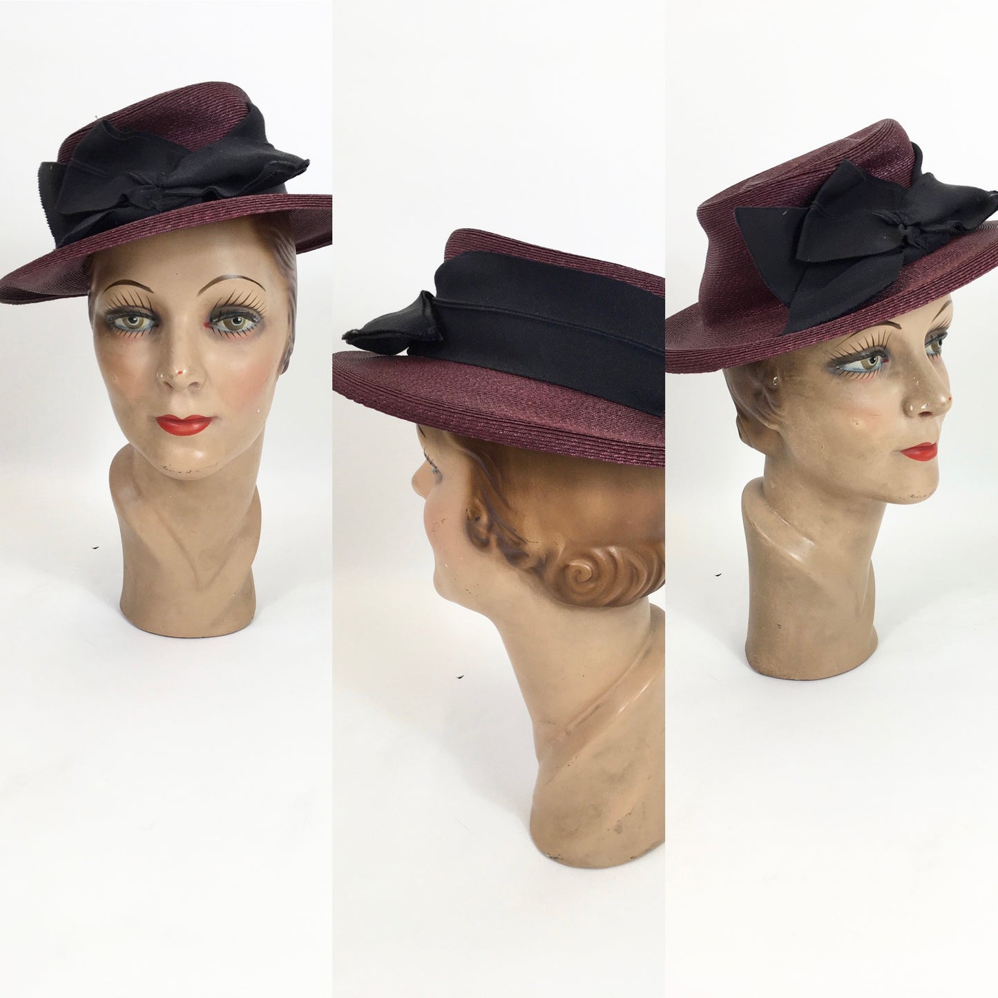 Original 1940’s Sublime Straw Tilt Hat - In A Deep Mulberry With Trim