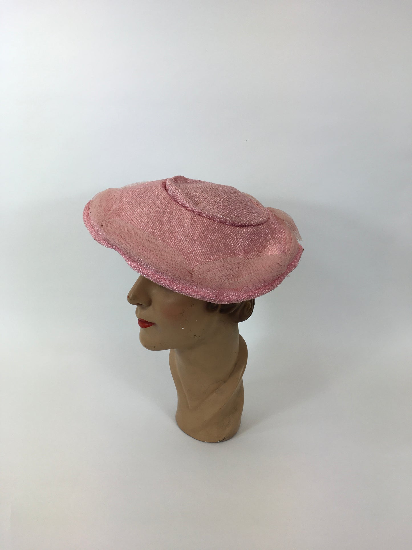 Original 1950’s Darling Powder Pink Platter Hat - With Attached Polka Dot Veiling and Bow