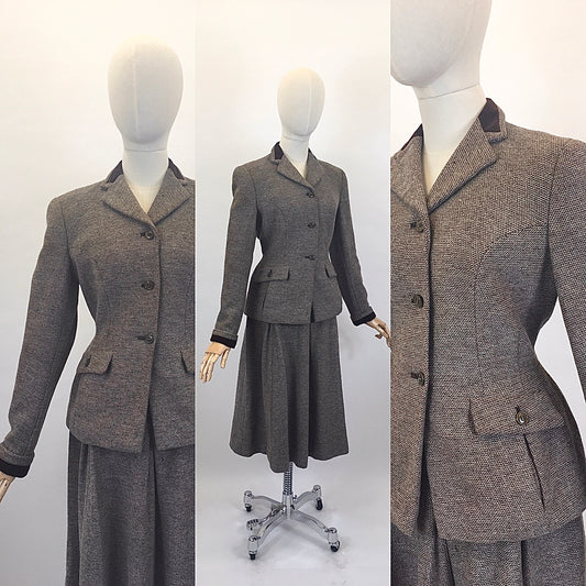 Original 1940’s Beautiful ‘ Hebe Sports ‘ Suit - In A Brown & Cream Woollen Tweed With Brown Velvet Trim