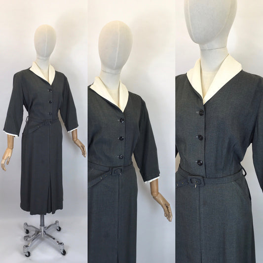 Original 1940’s Beautiful Fitted Grey Dress - With Contrast Detailing To The Collar & Cuffs