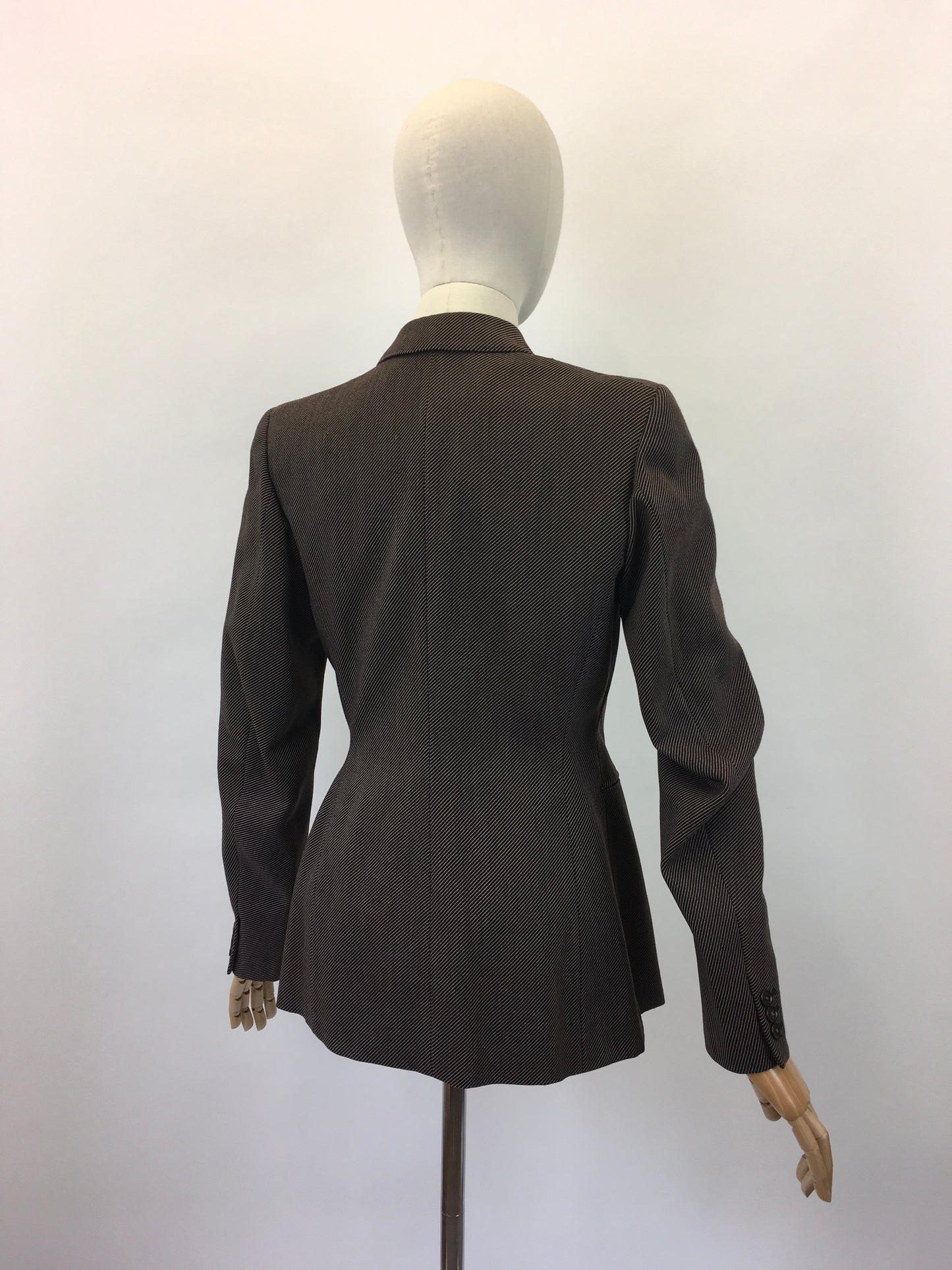 Original 1940's Stunning Longline Jacket in A Chocolate Brown Pinstripe - With Exquisite Details