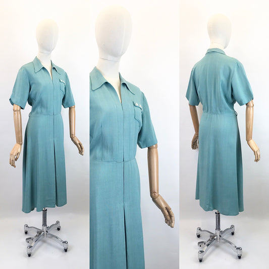 Original 1940’s Exquisite Linen Day Dress - In A Duck Egg Blue