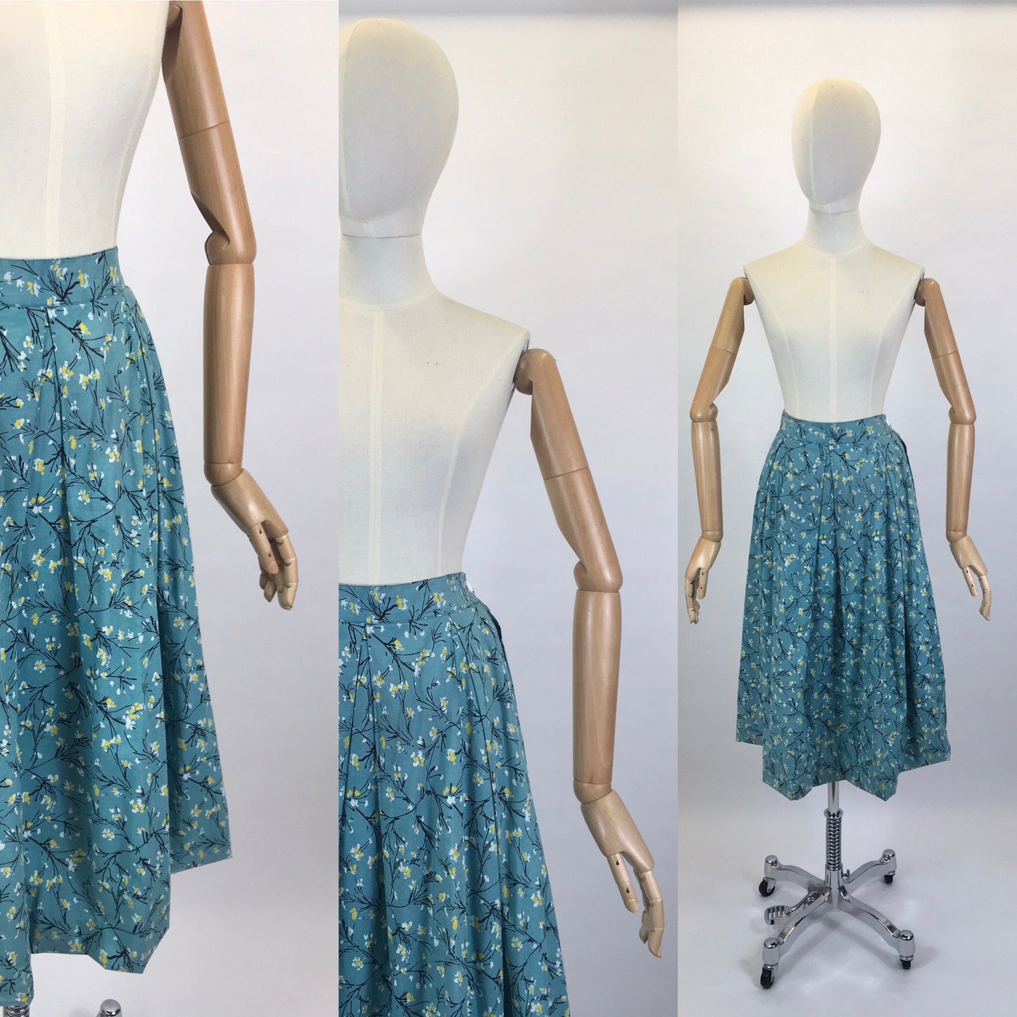 Original 1950’s Homemade Cotton Skirt - In A Lovely Blue, Yellow & Black Floral Print