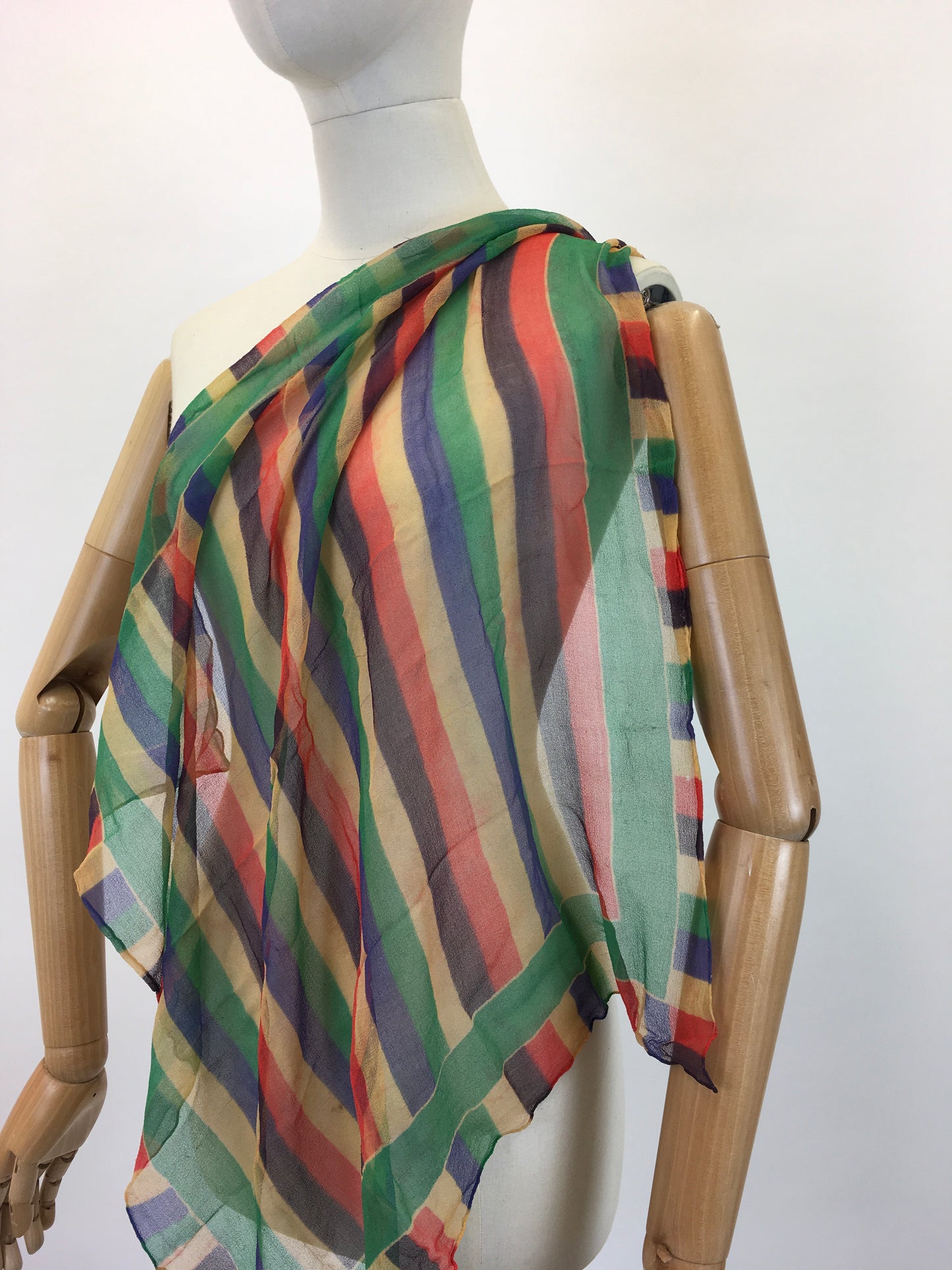 Original 1930's Exquisite Rainbow Chiffon Scarf - In Autumnal Brights of Burnt Orange, Green, Yellow and Blue
