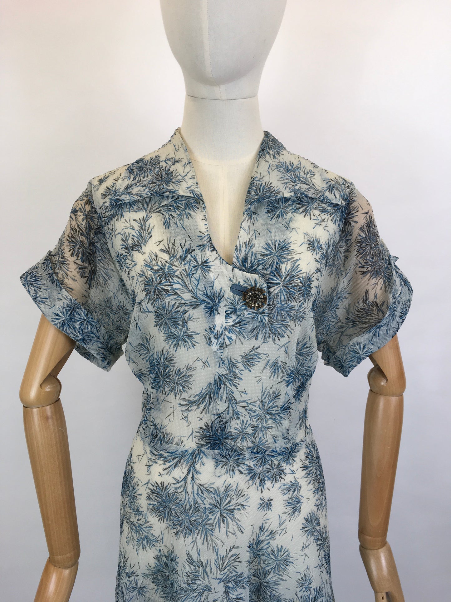 Original Early 1950’s Sheer Nylon Floral Dress - In A Lovely Soft Blue Floral