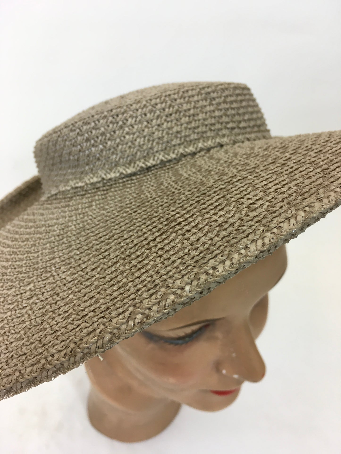 Original 1940's Fabulous Woven Raffia Hat - In A Soft Mushroom With Back Bow Detailing