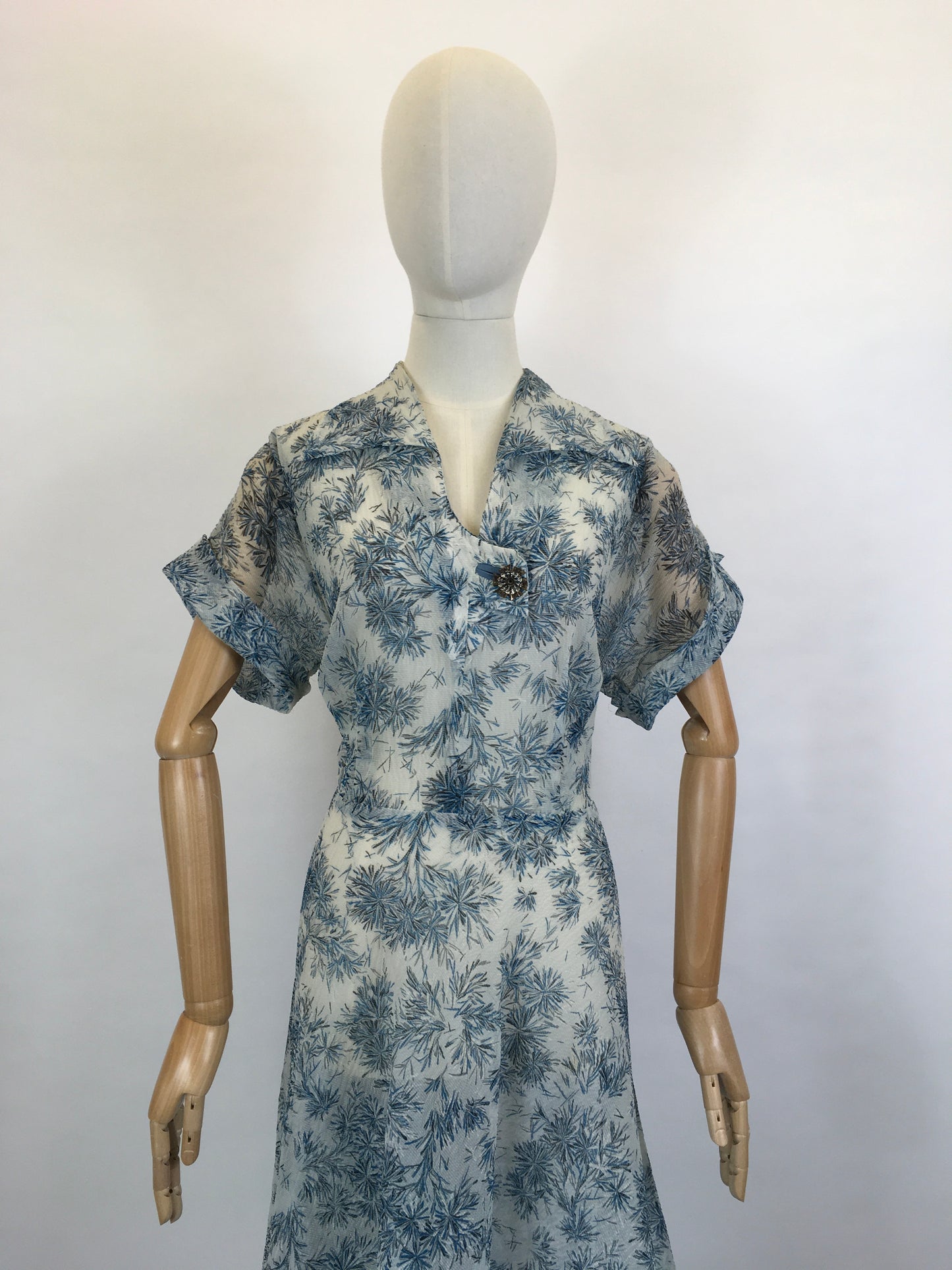 Original Early 1950’s Sheer Nylon Floral Dress - In A Lovely Soft Blue Floral