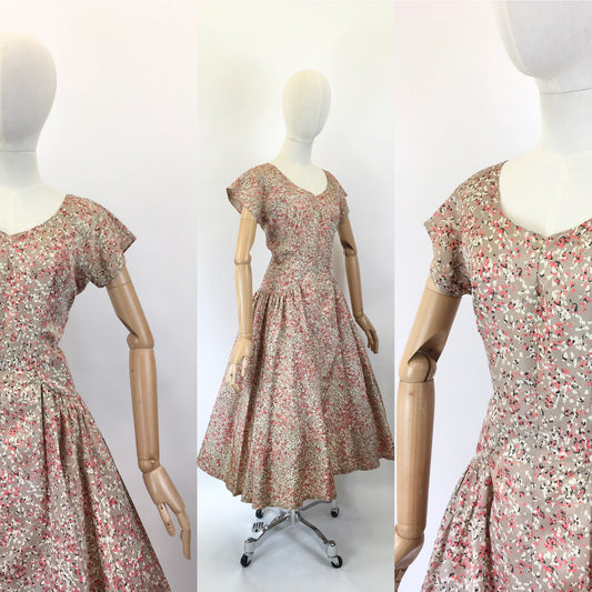 Original 1950’s Darling Evening Cocktail Dress - In A Beige, Fawn, Coral & Black Colourway