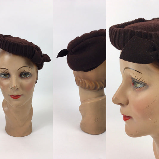 Original 1940’s Brown Felt Topper Hat - With Back Band and Bow Detailing