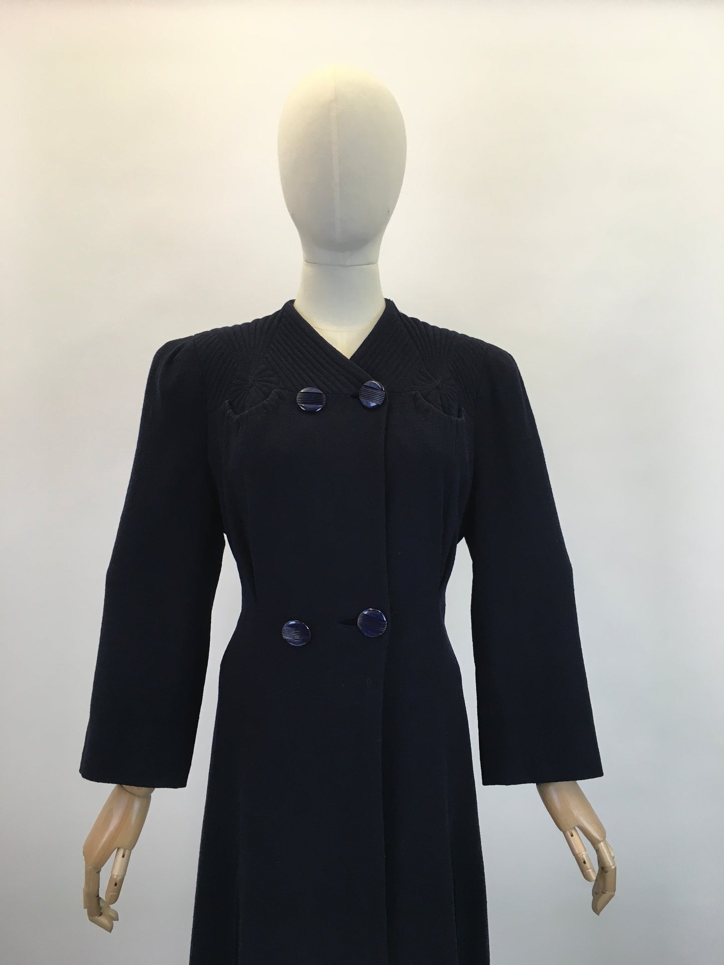 Original 1930’s Darling Navy Wool Crepe Coat - With Stunning Trapunto Detailing