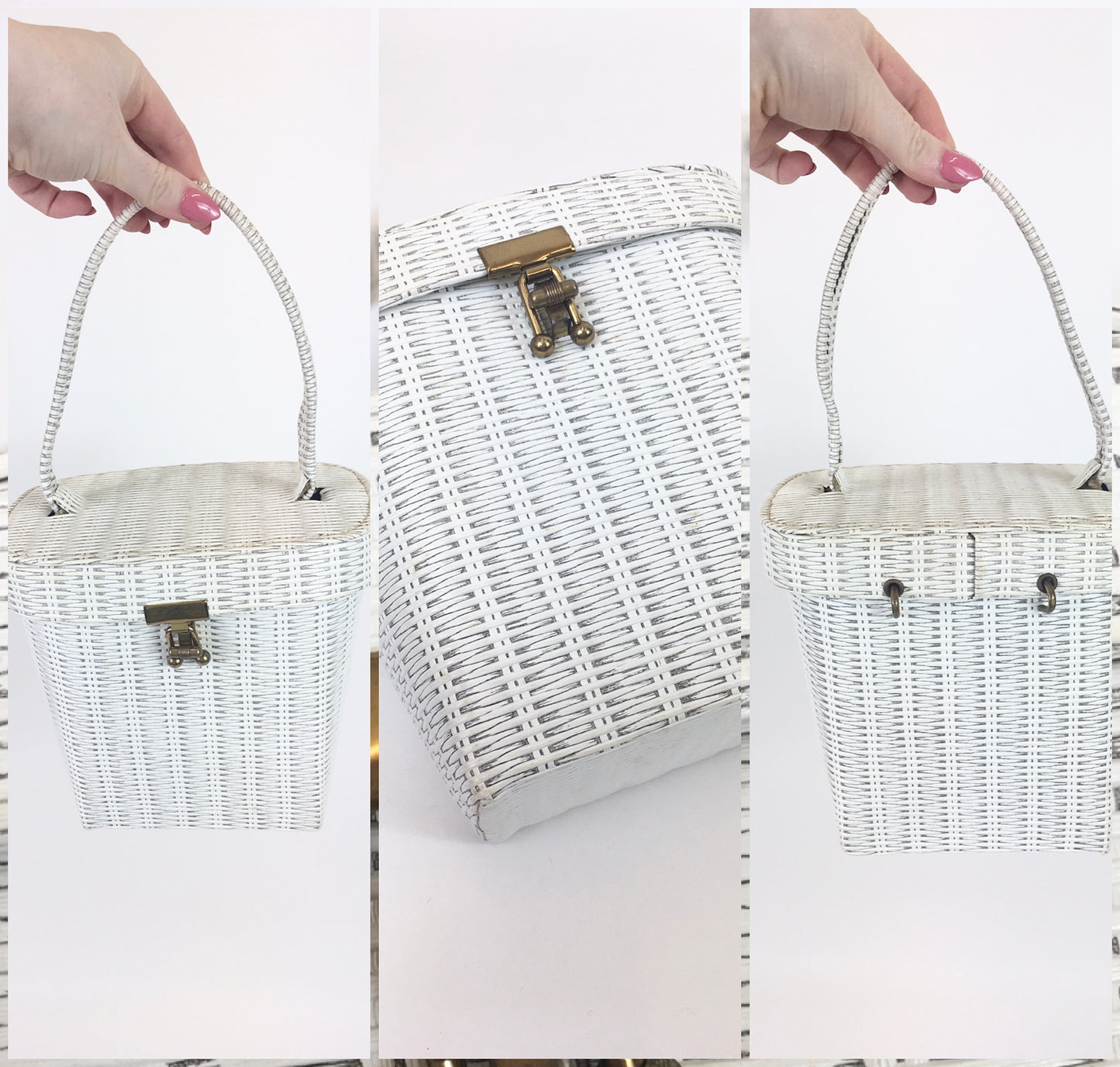 Original 1950's Sensational White Bucket Bag - With A Fabulous Straw / Weave Effect