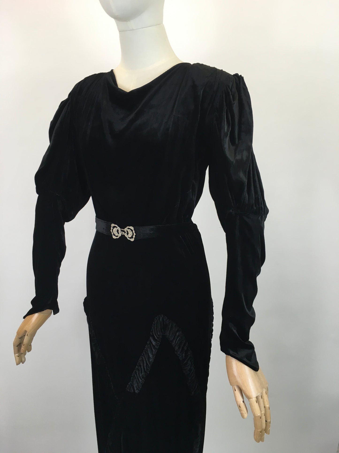 Original 1930's Divine Silk Velvet Evening Gown - With Exquisite Pleated Details and Art Deco Buckle