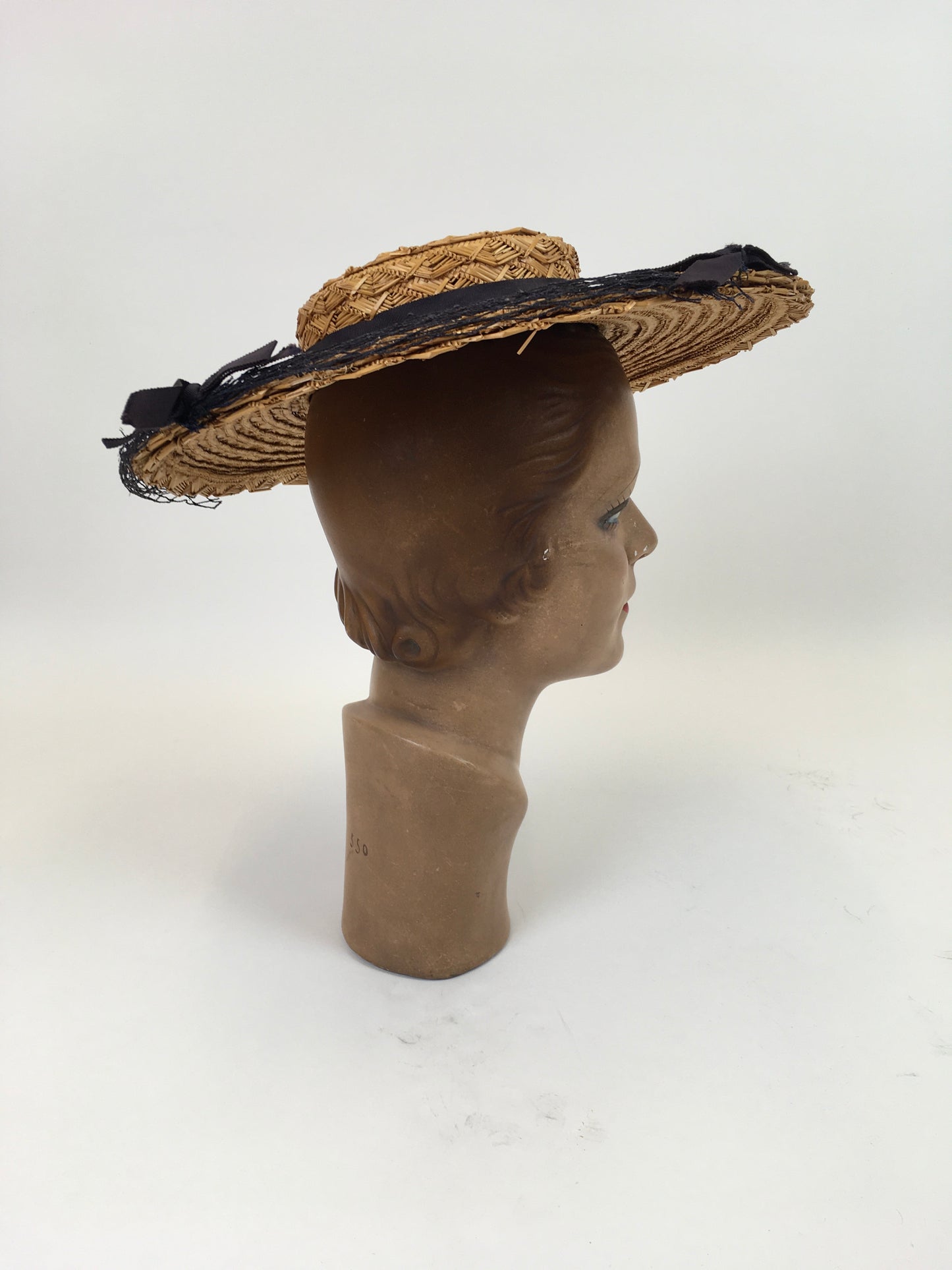 Original 1940’s Fabulous Straw Hat - With Navy Grosgrain Bows and Veiling