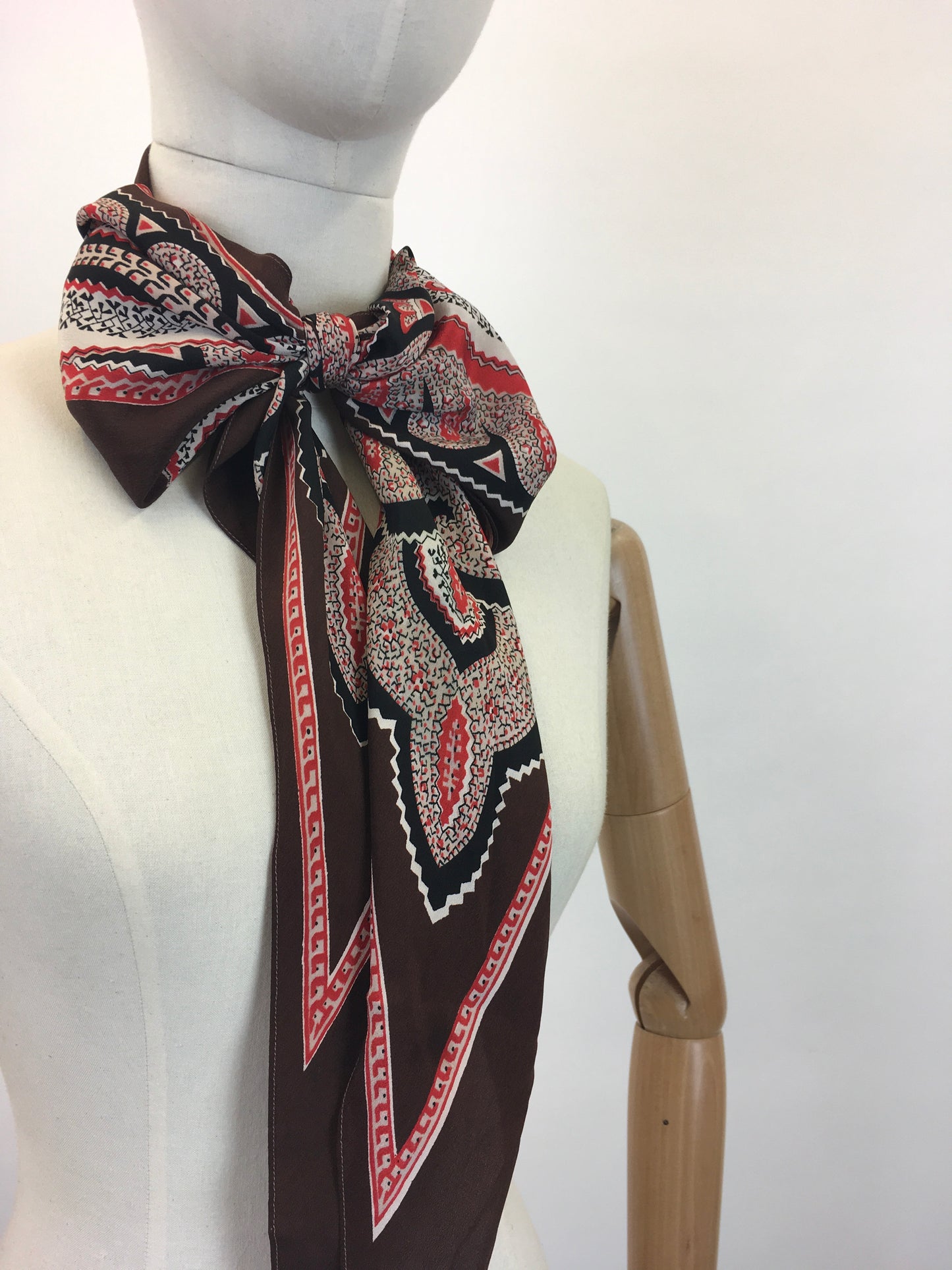 Original 1930's Art Deco Silk Rayon Paisley Pointed Scarf - In Warm Browns, Reds, Black and White