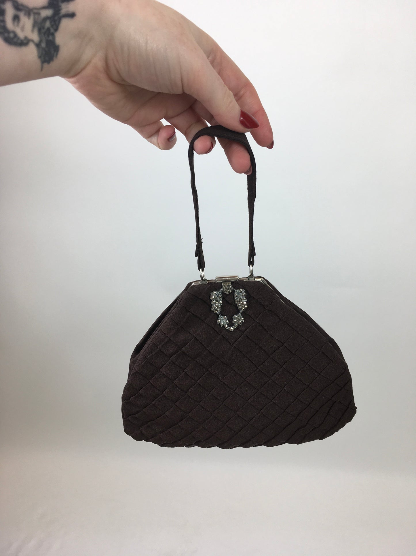 Original 1930's Stunning Warm Brown Crepe Evening Bag - With Pleated Details