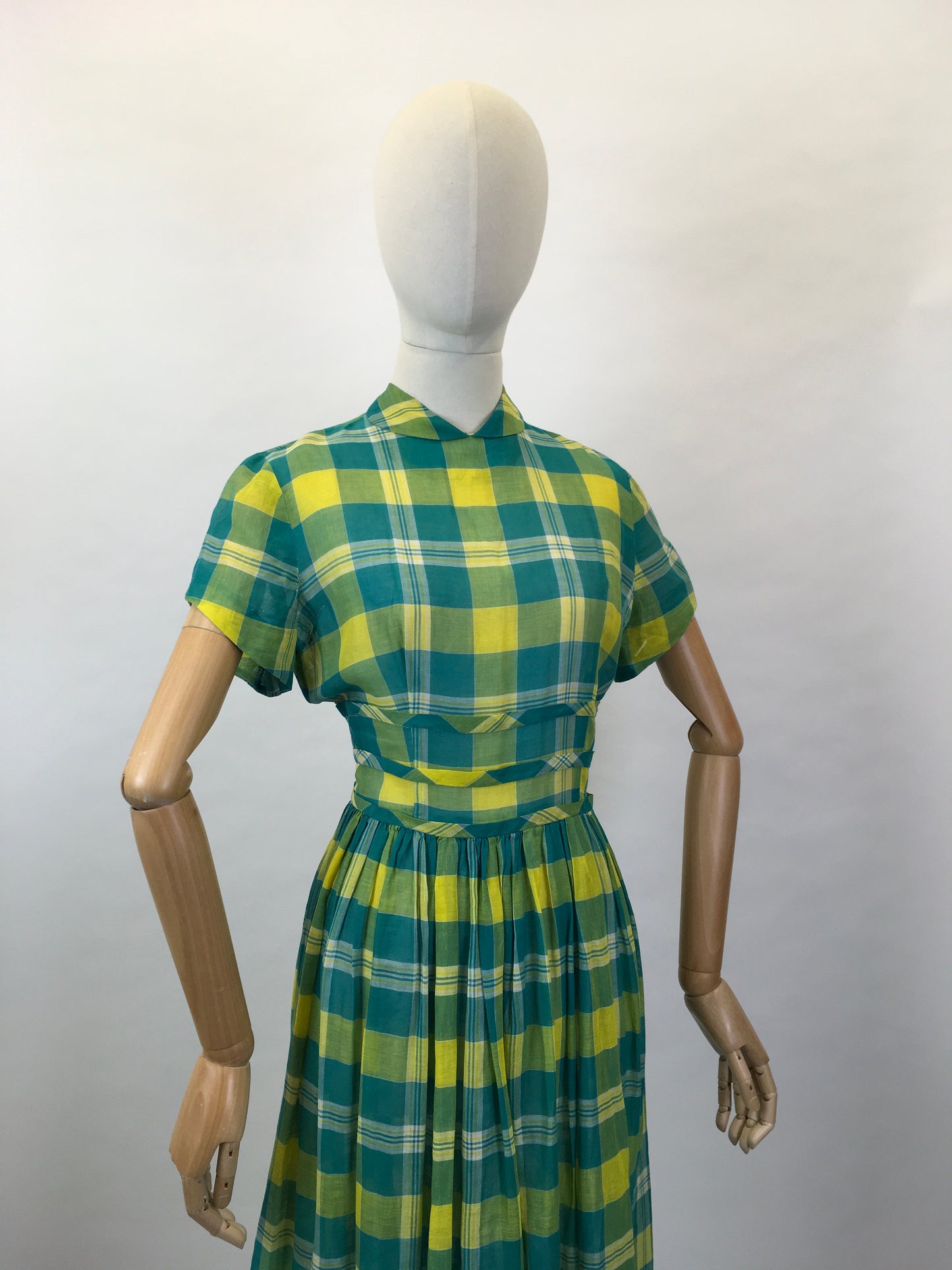 Original Early 1950s Cotton Lawn Day Dress - In a Beautiful Vivid Green and Yellow Plaid