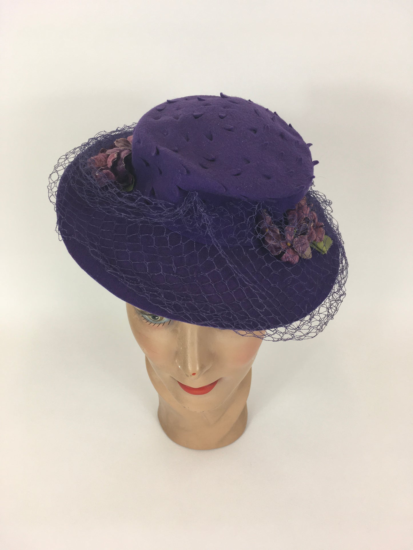 Original 1940’s SENSATIONAL Cadbury Purple Felt Topper Hat - With Cutwork Detailing, Millinery Flowers and Veiling