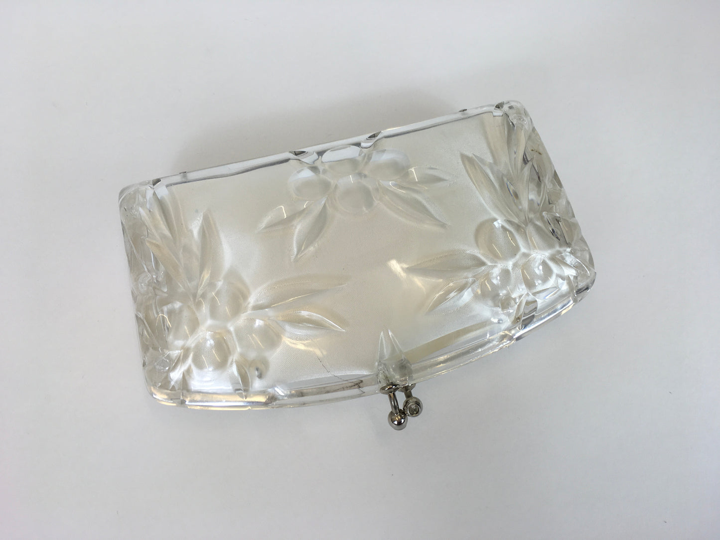 Original 1950’s Clear Lucite Clutch Bag - With Carved Floral And Rhinestone Embellishments