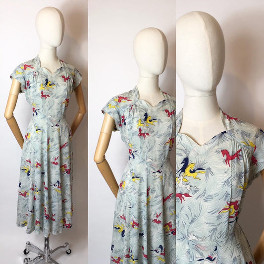 Original 1940’s Dancing Horses Print Dress - In a lovely Sheer Rayon Fabric