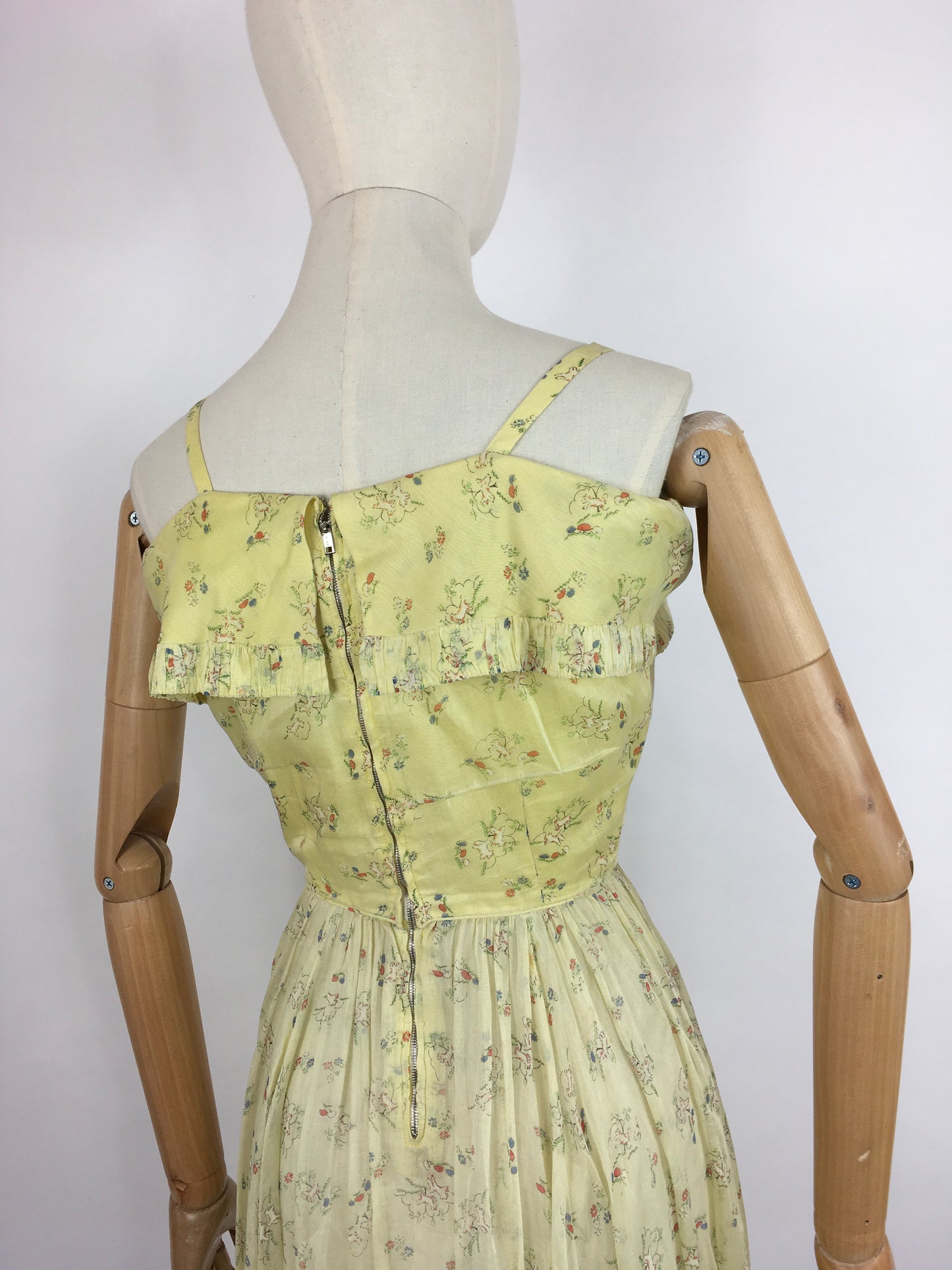 Original 1930s Sundress - In an Amazing Novelty Print Featuring Leaping Lambs and Toadstools On a Pale Lemon Cotton Lawn