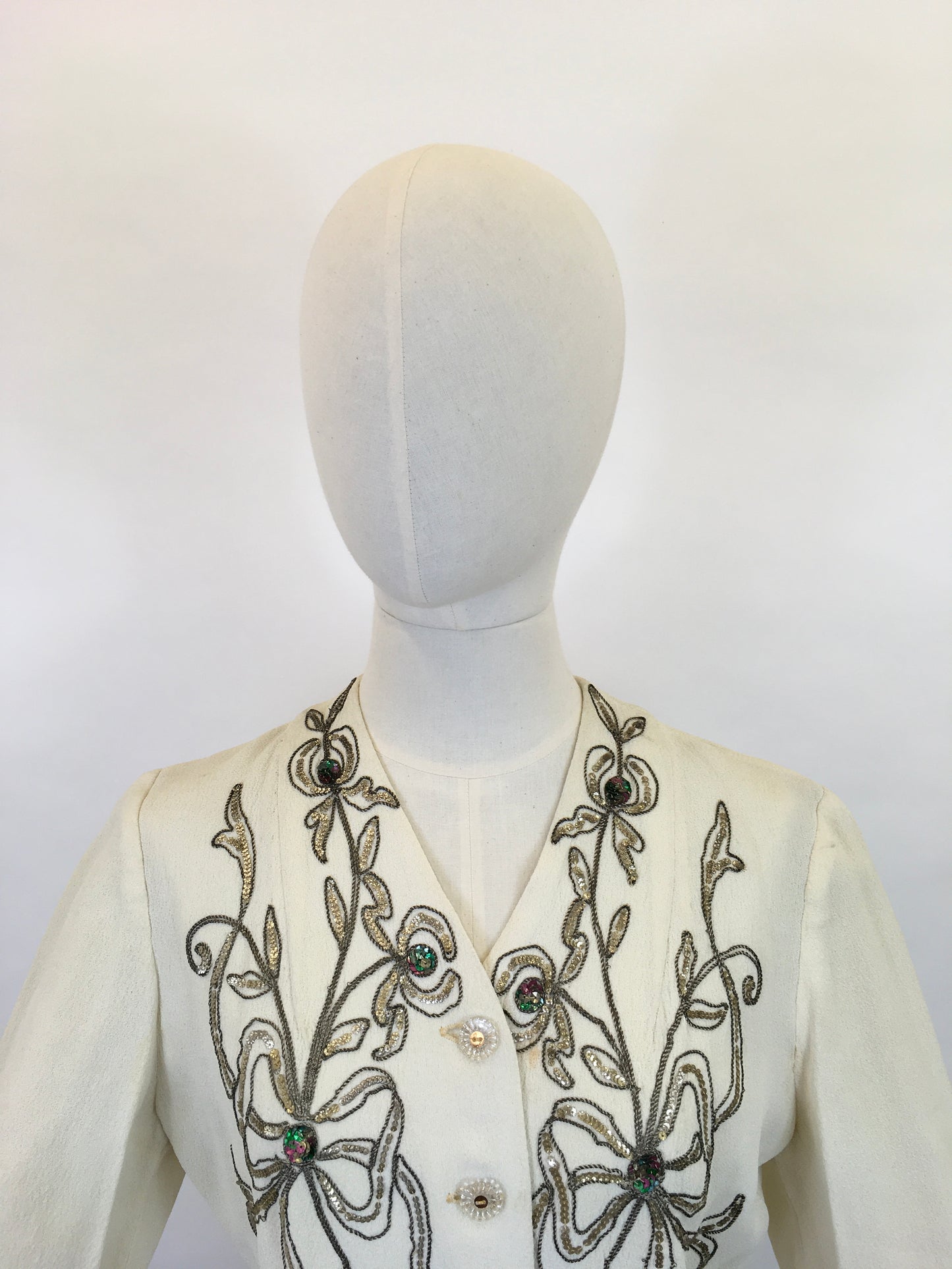 Original 1940s STUNNING Ivory Crepe Blouse - With Beaded And Sequinned Embellishment