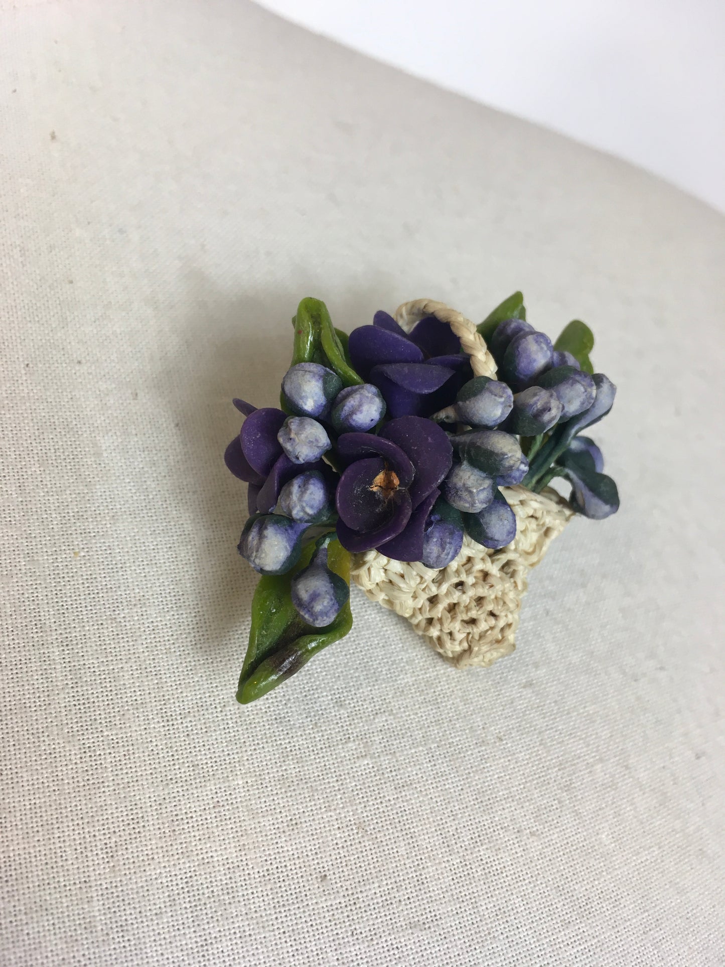 Original 1940’s Basket Brooch With Floral Bouquet - In A Stunning Range of Purples, Straw & Green