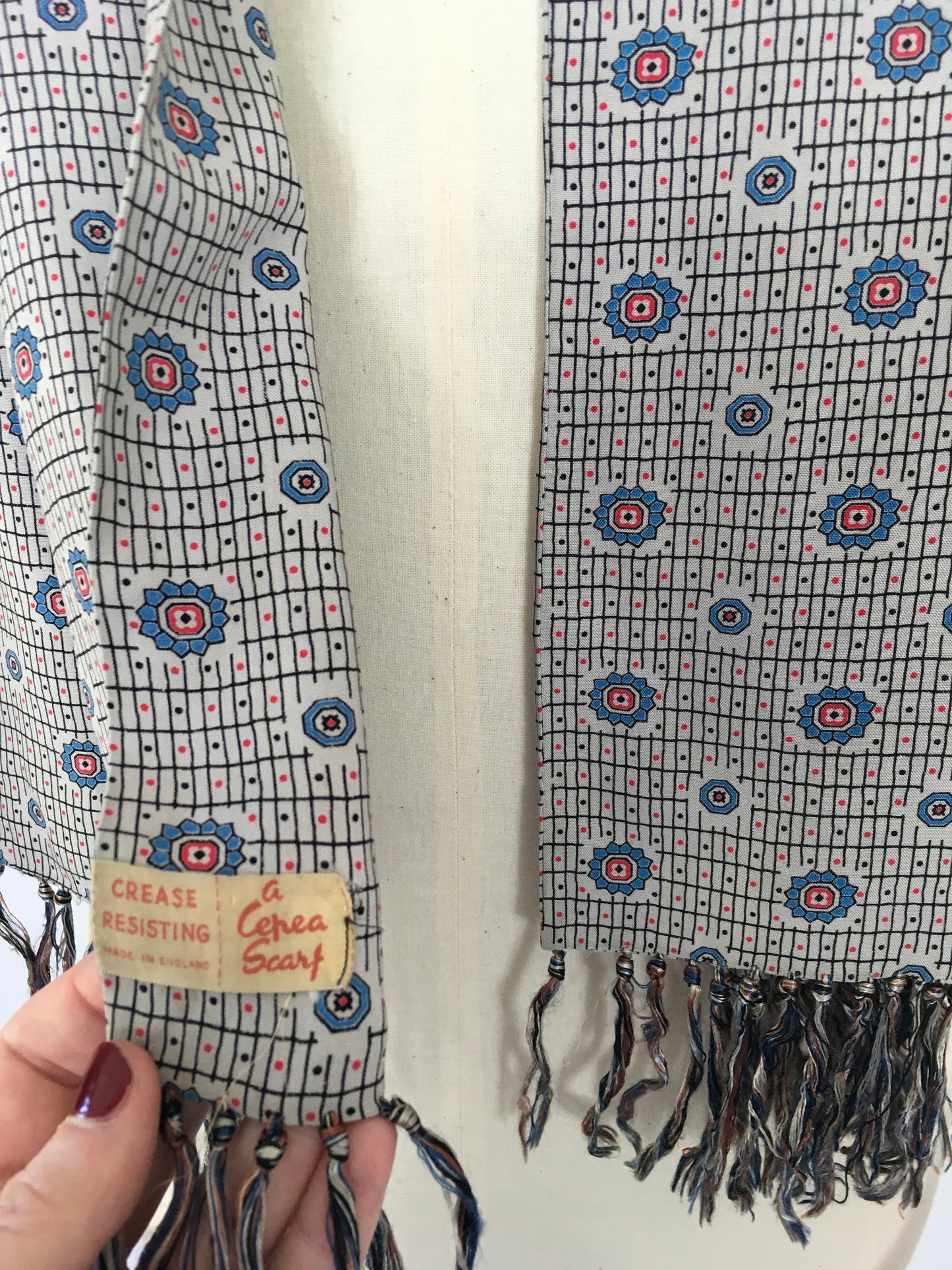 Original Late 1940’s Mens Scarf - Geometric Print in Greys, Blues and Reds