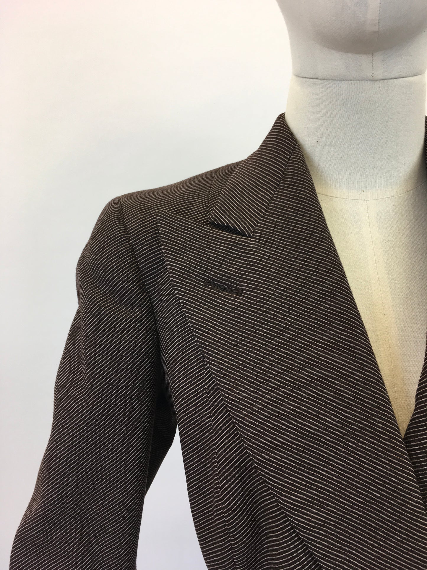 Original 1940's Stunning Longline Jacket in A Chocolate Brown Pinstripe - With Exquisite Details