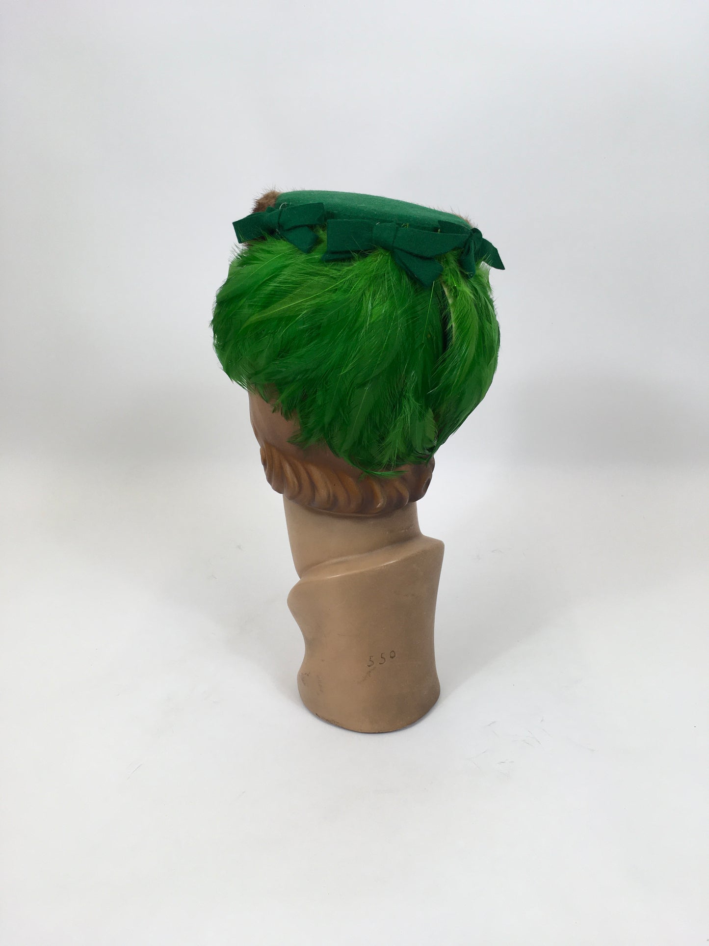 Original 1940's Stunning Head Piece - In Bottle Green Felt with Bow Trims, Fur Trim & Feather Backplate