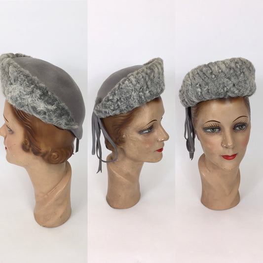 Original 1940s Beautiful Tilt Hat - In A Soft Icy Grey With Grey Astrakhan Trim