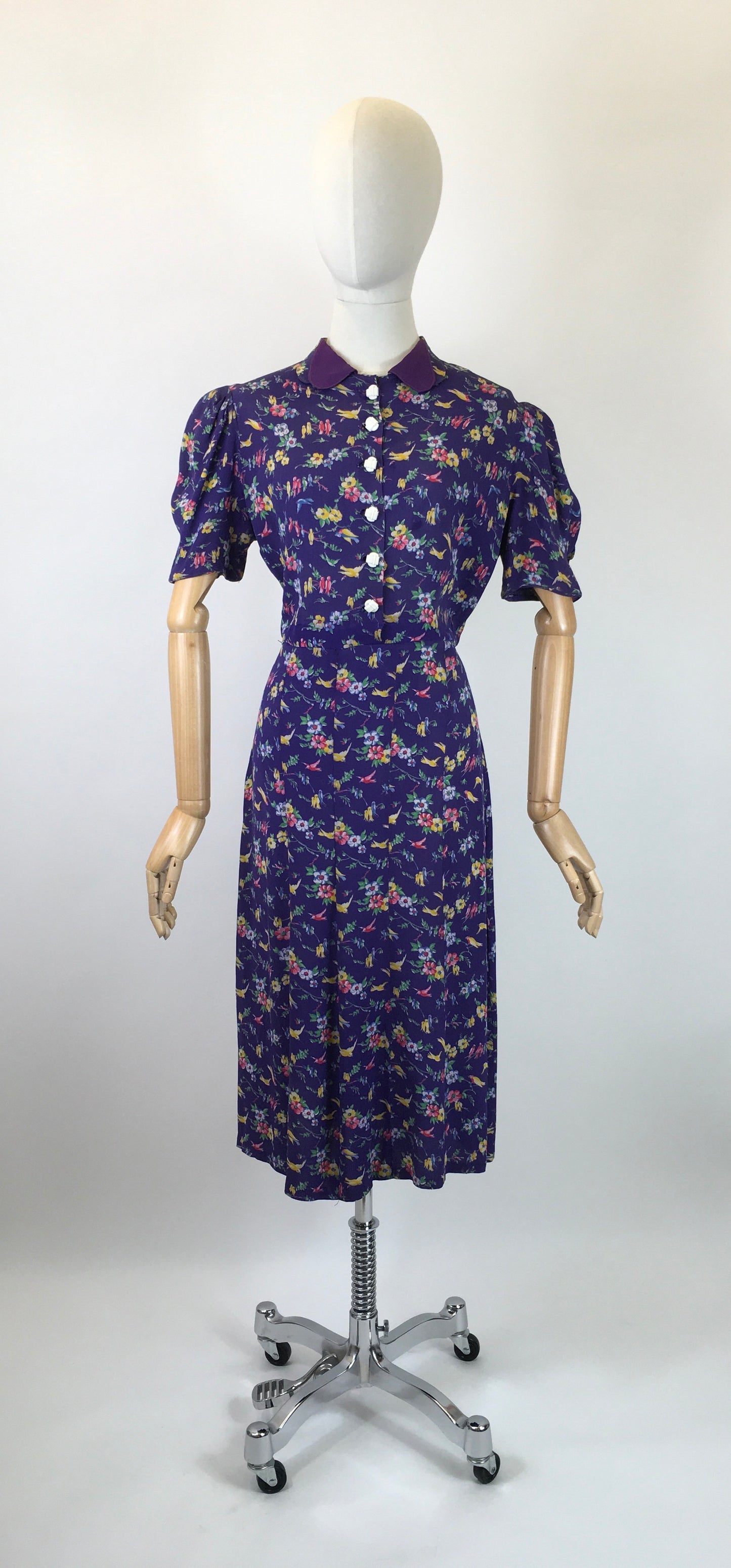 Original 1940s AS IS Novelty Print Crepe Dress - With Birds And Flowers in Rainbow colours