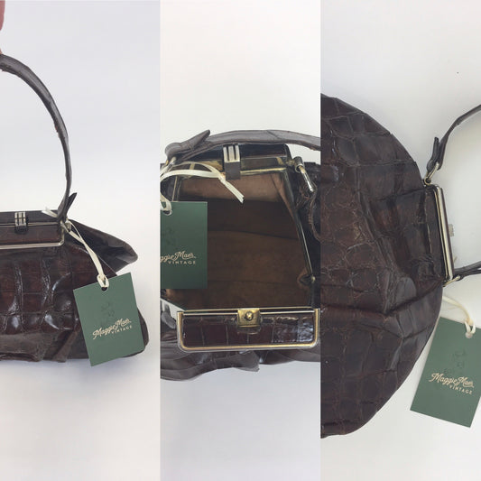 Original 1930s Crocodile Skin Handbag - In a Deep Brown