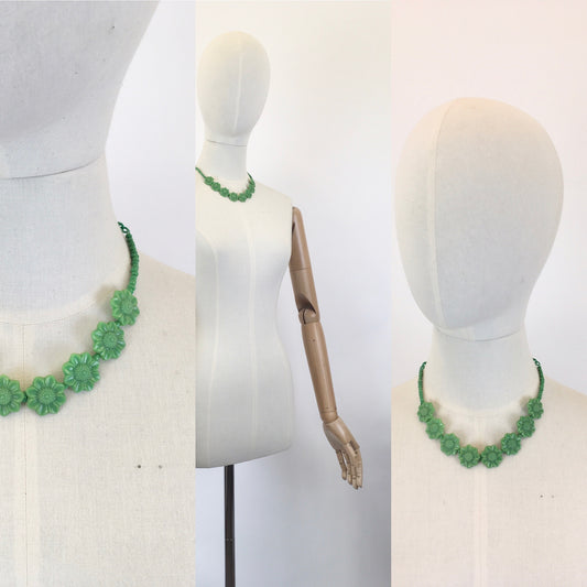 Original 1940’s Green Early Plastic Necklace - With Florals and Beads