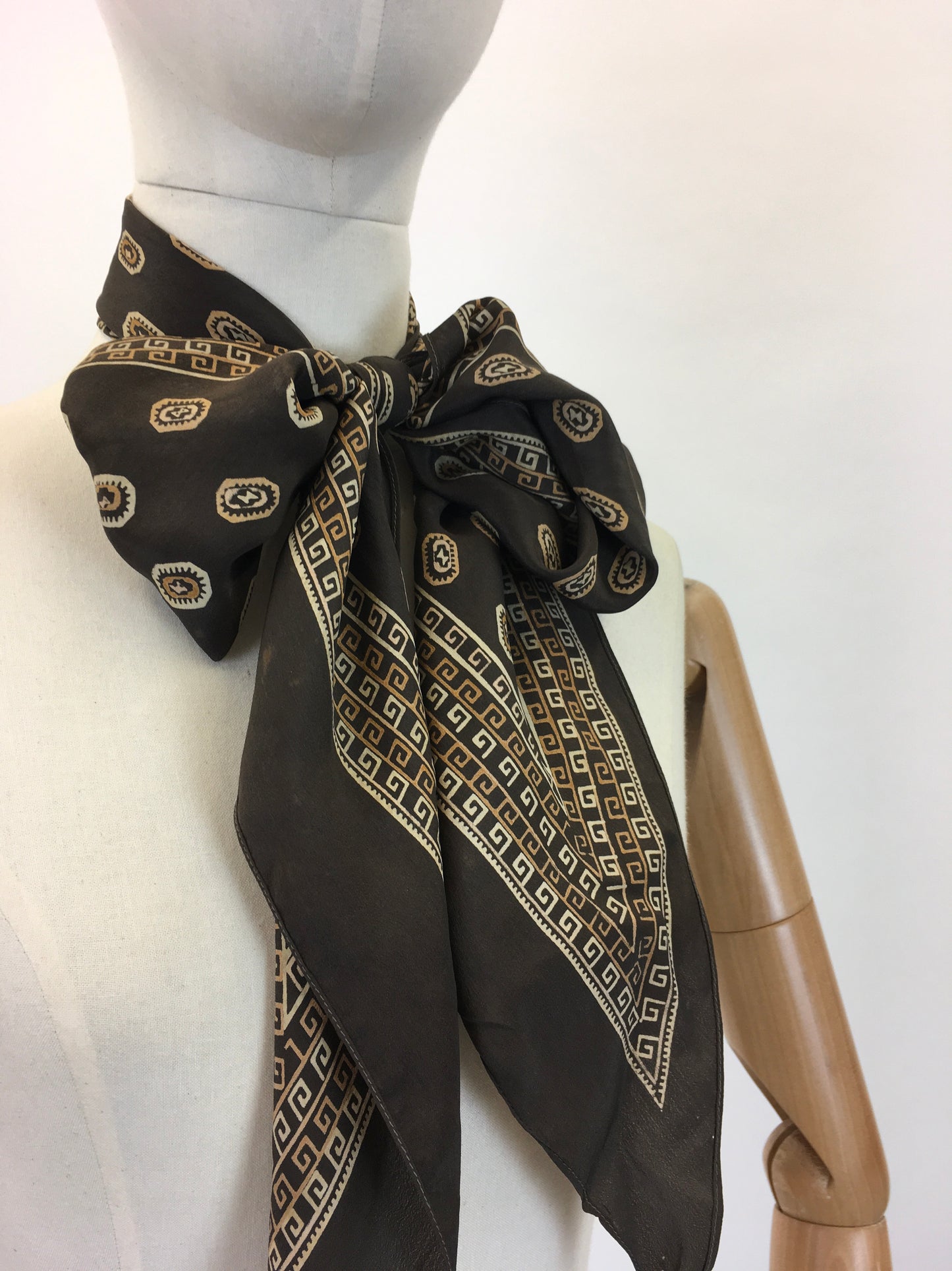 Original 1930's Art Deco Pointed Scarf in Silk - In A Paisly Print Warm Browns and Golds