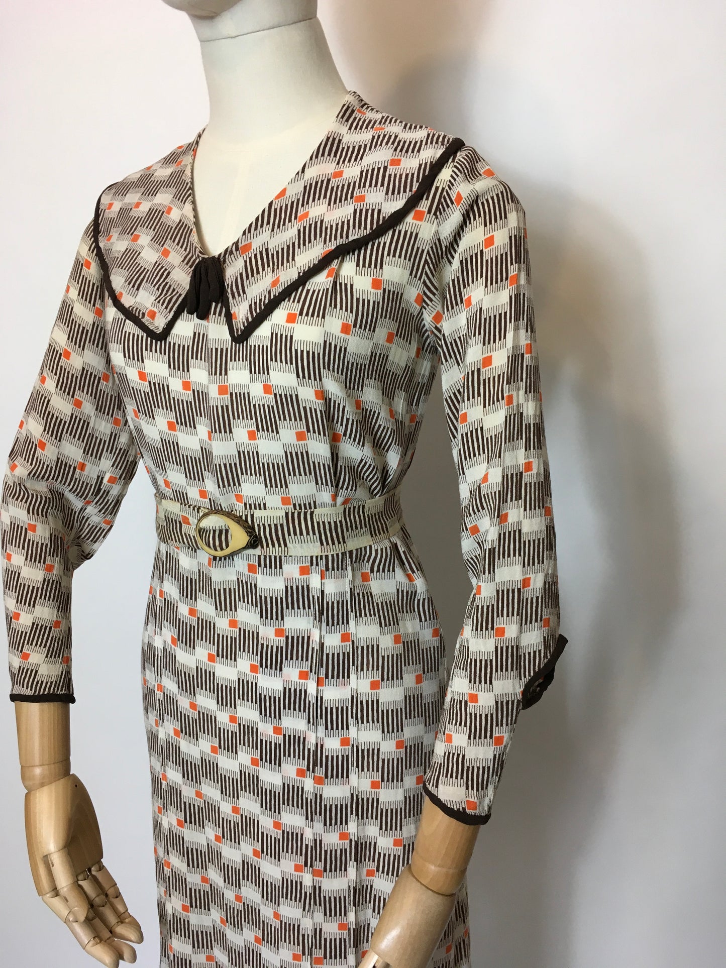 Original 1930’s Day Dress in an Amazing Geometric / Cigarette Print Dress in Browns, old Creams and deco Oranges - Festival Of Vintage Fashion Show Exclusive