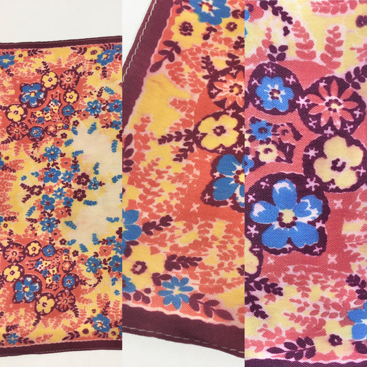 Original 1940’s / 1950’s Rayon Hankie -  In A Lovely Floral In Burgundy, Oranges, Blues and Yellows
