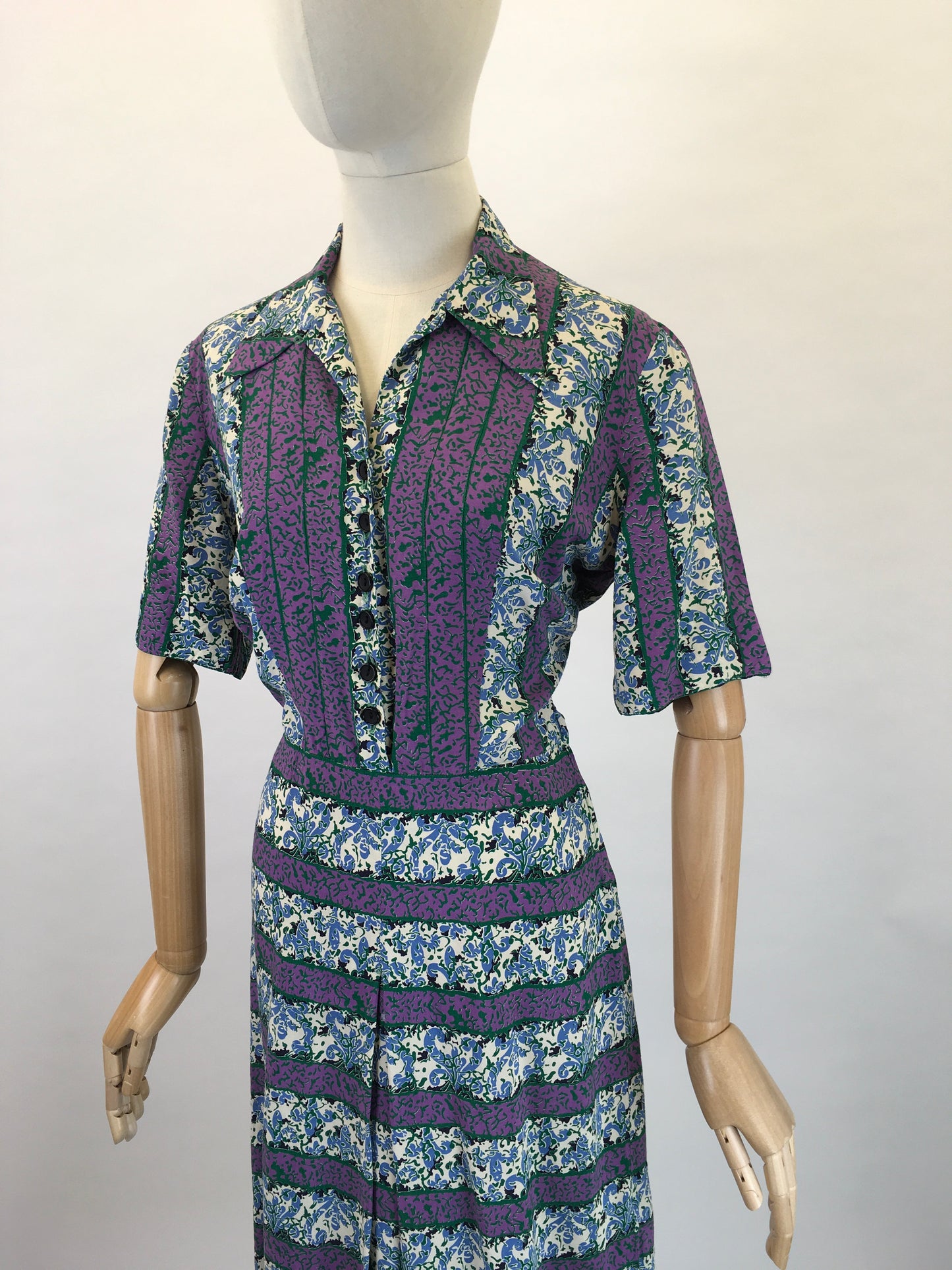 Original 1940s Rayon Dress - In Lovely Rich Purples, Greens and Whites with Florals and Stripes