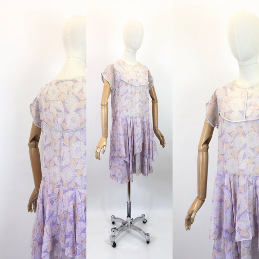 Original 1920's Charming Cotton Lawn Day Dress - In Deco Pastels of Lilacs, Pinks & Orange