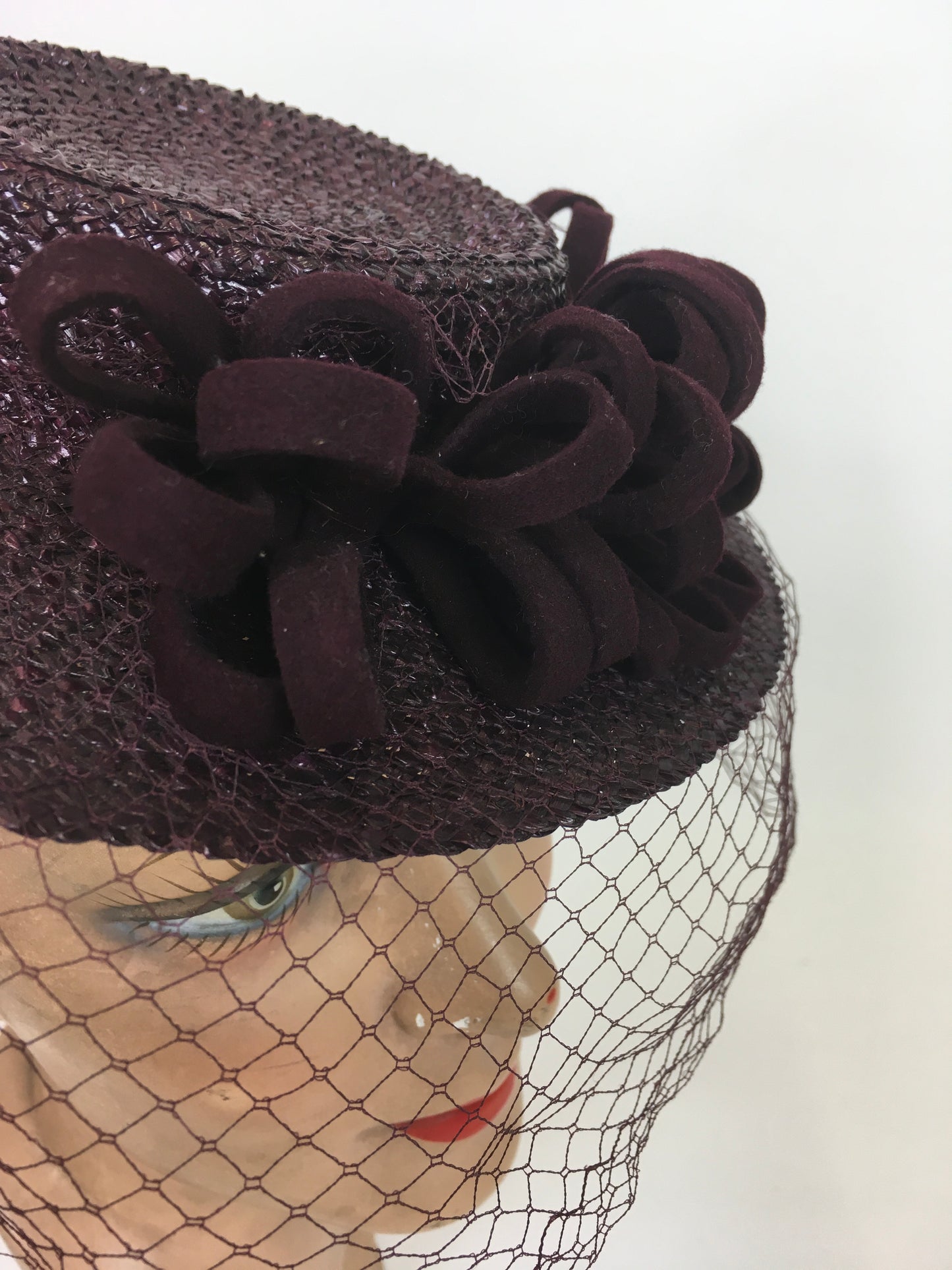 Original 1940's Darling Raffia Tilt Hat with Felt Adornment & Veiling - In Winter Berry