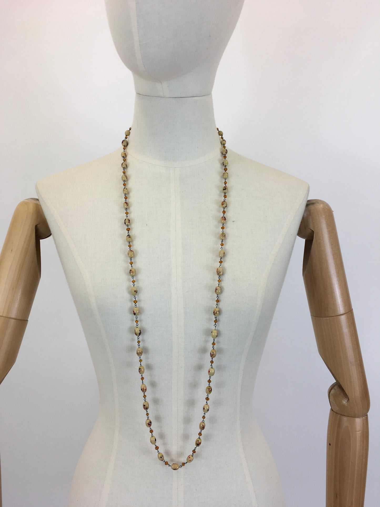 Original 1930’s Beautiful Glass Beaded Necklace - In Shades of Cream, Amber & Black Deco Beads