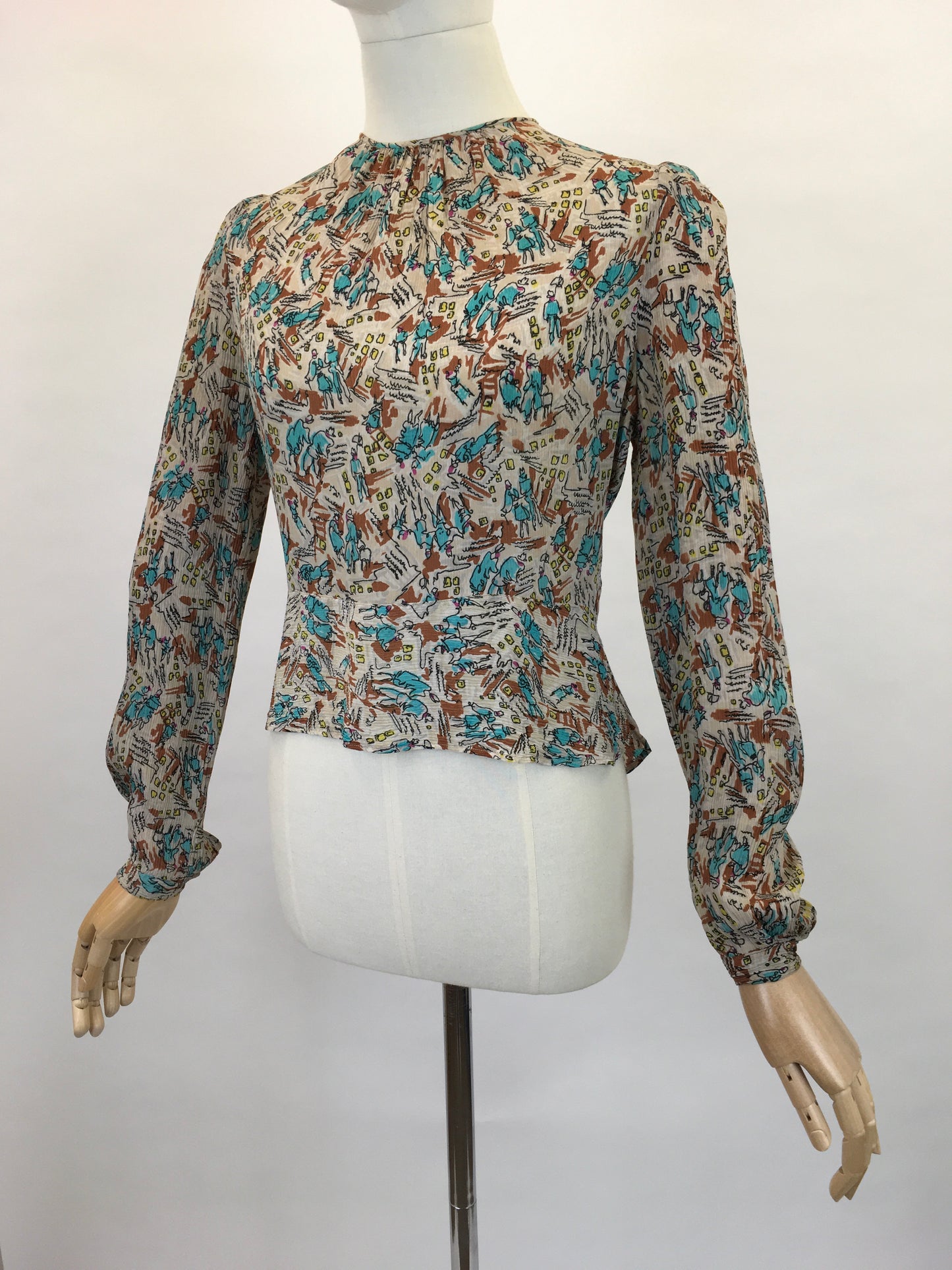 Original 1940’s ‘ Maxton’ Novelty Print Crepe Blouse - Featuring People, Buildings and Scribbles