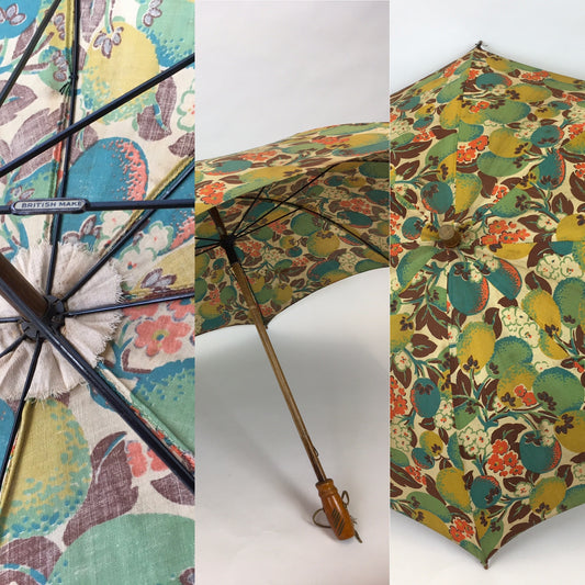 Original 1930s Sun Parasol in a Stunning Floral and Fruit Cotton - In Deco Oranges, Greens, Chartreuse and Teal