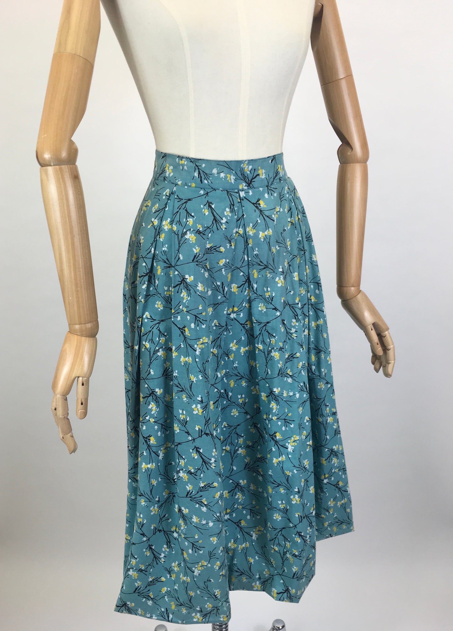 Original 1950’s Homemade Cotton Skirt - In A Lovely Blue, Yellow & Black Floral Print