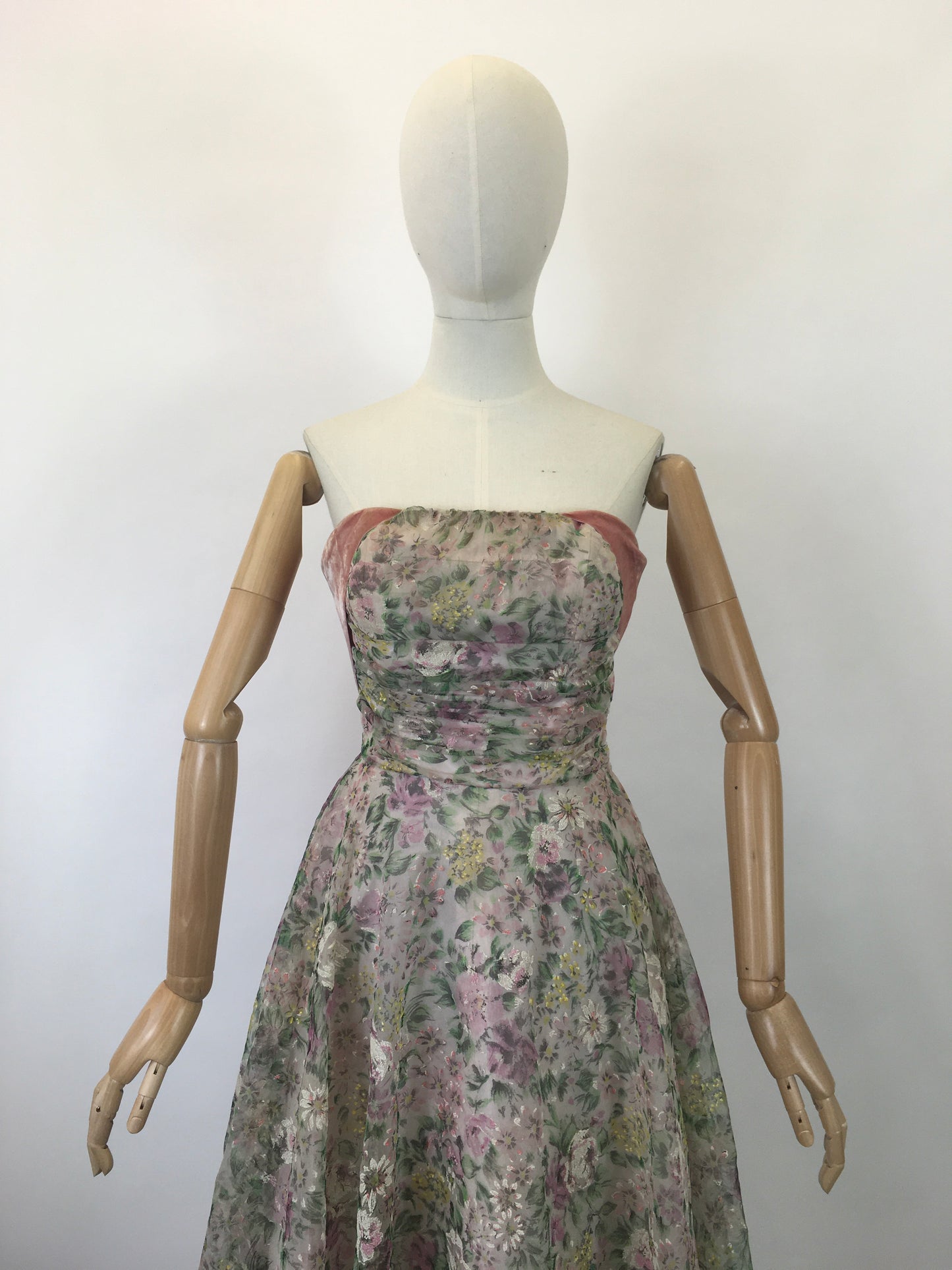 Original 1950's SENSATIONAL Floral Dress - By ' Sambo Fashions' with Boning and Velvet Trim