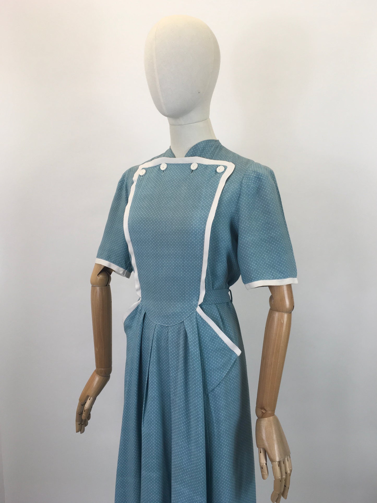 Original 1940's Stunning CC41 Utility Day Dress - In A Darling Duck Egg Blue Polka Dot