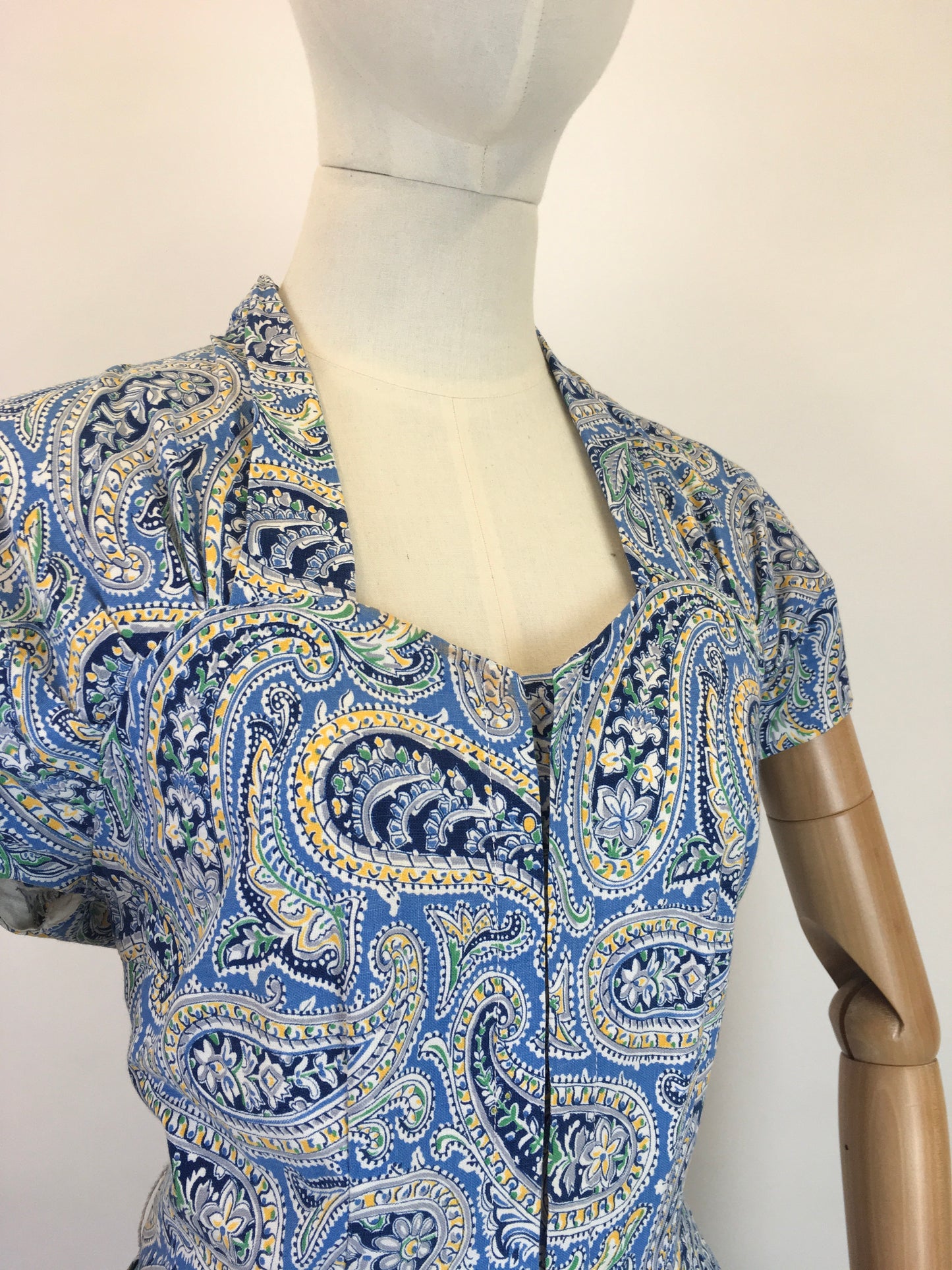 Original Late 1940’s Early 1950’s Cotton Day Dress - In A Paisley Print in Powder Blue, Navy, Yellow and Bottle Green