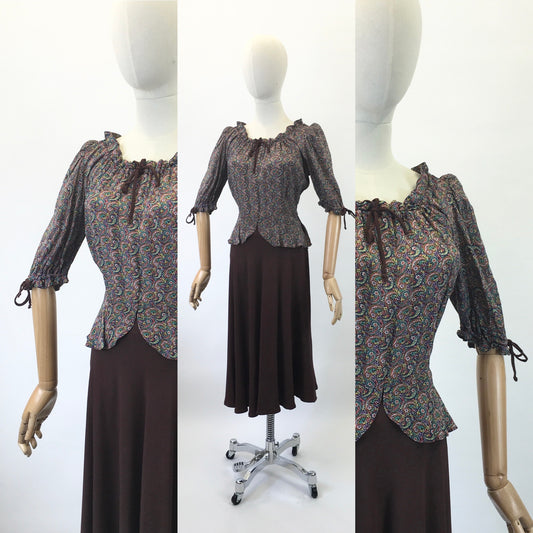 Original 1940's Sensational Gypsy Dress in Rayon Crepe - In A Bright Coloured Paisley Print