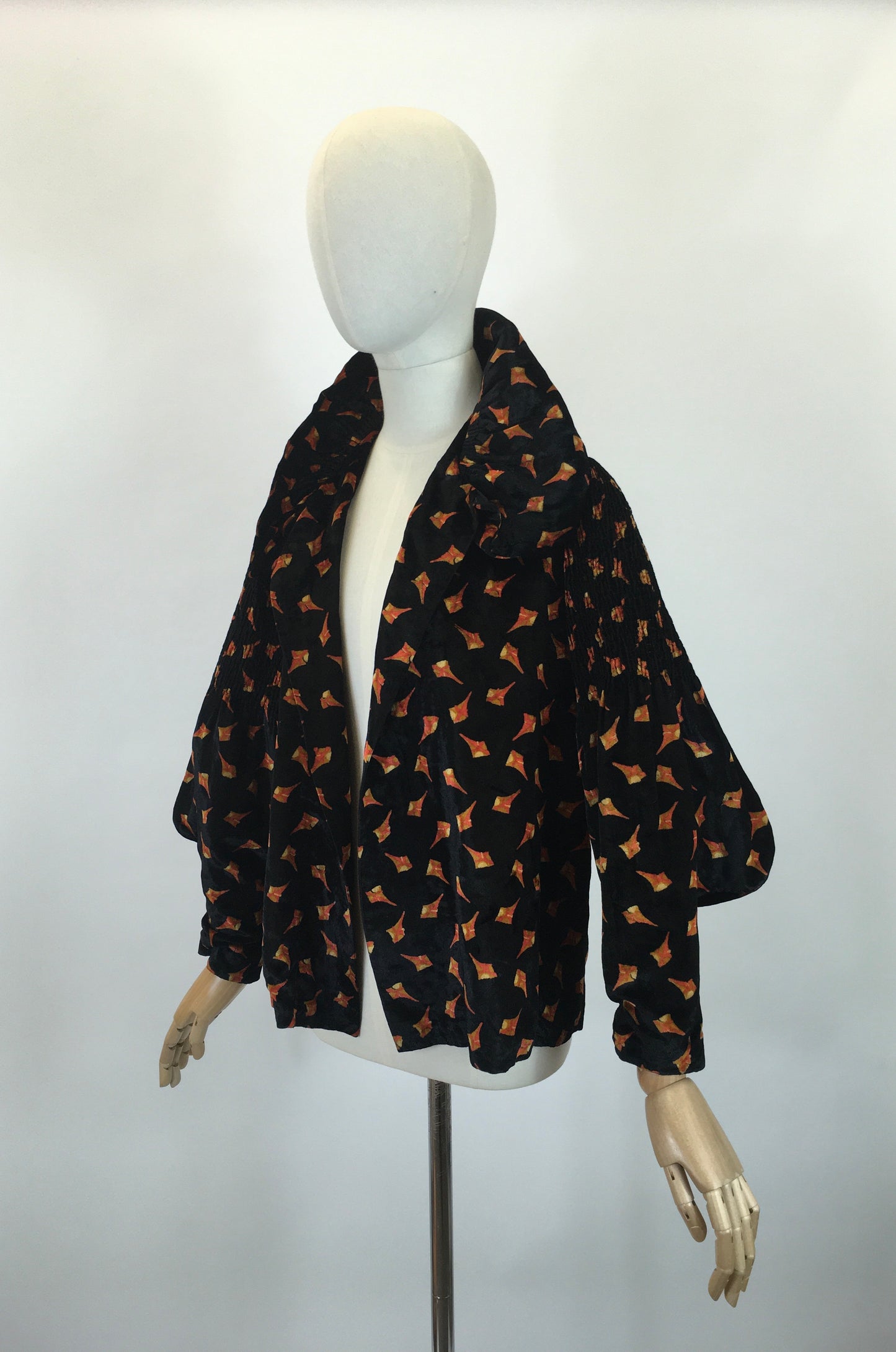 Original Late 1920's Early 1930's Stunning Silk Velvet Jacket - In An Art Deco Print in Burnt Orange And Old Gold