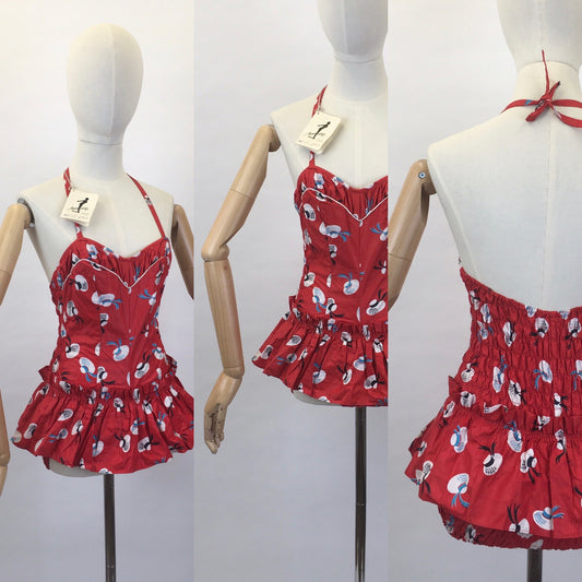 Original 1950s early 1960’s Deadstock ‘ Aquapoise’ Novelty Swimsuit - In a Fabulous Hat Print on Lipstick Red Cotton