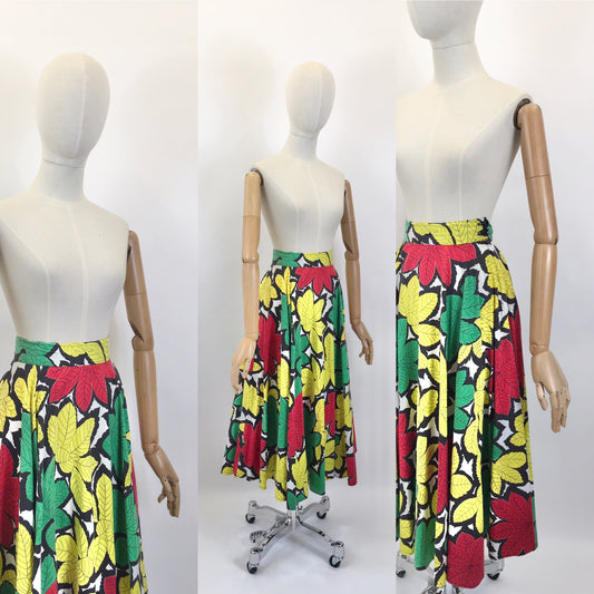 Original 1940's Sensational Cotton Summer Skirt - In a Black Edged Leaf Motif With Bright Red, Green, White & Yellow